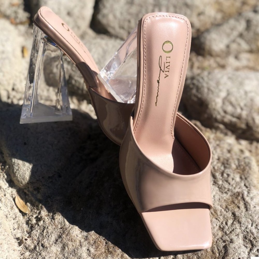 NEW Patent Clear Triangle High Block Heel Square Toe Slip On Sandals Mules Shoes - Picture 4 of 10